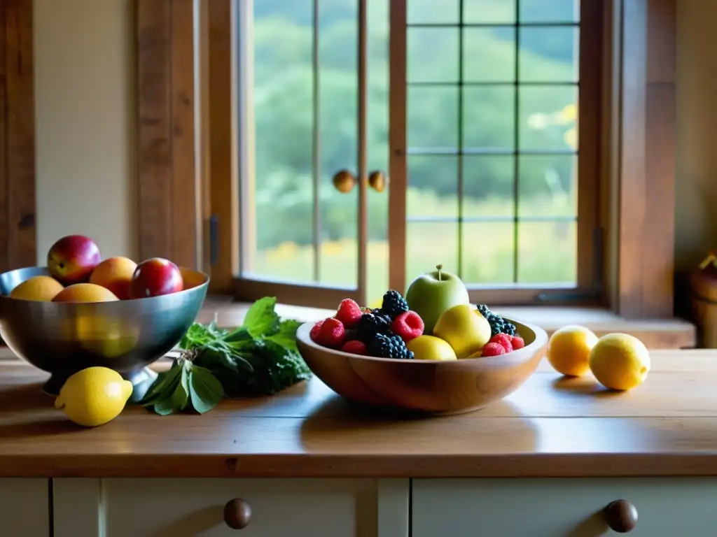 Una mesa rústica repleta de frutas, verduras y granos frescos, iluminada por luz natural