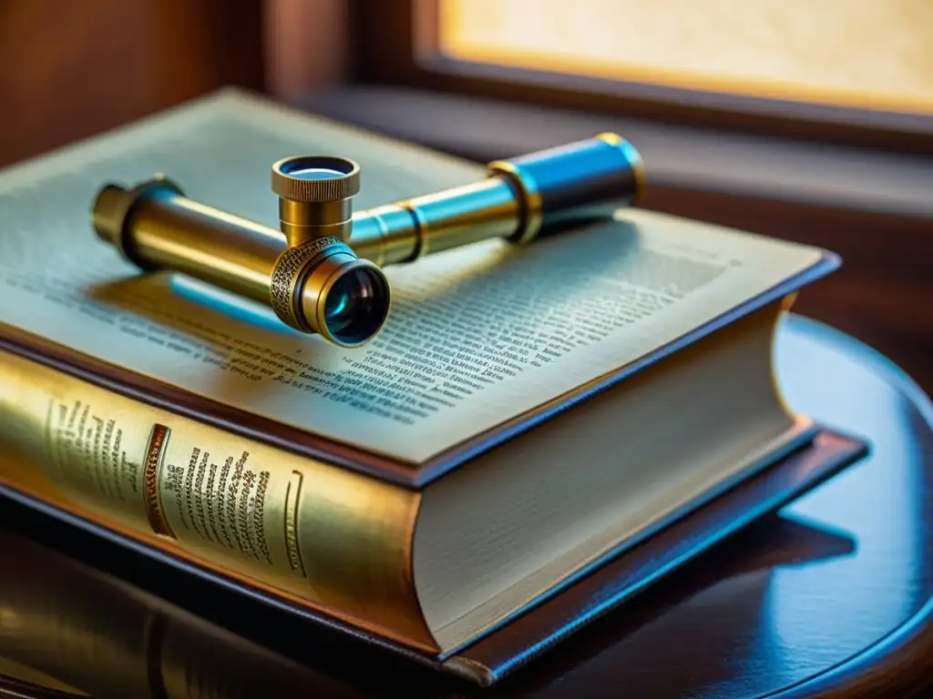 Un microscopio antiguo de latón sobre un libro de cuero iluminado por la luz cálida