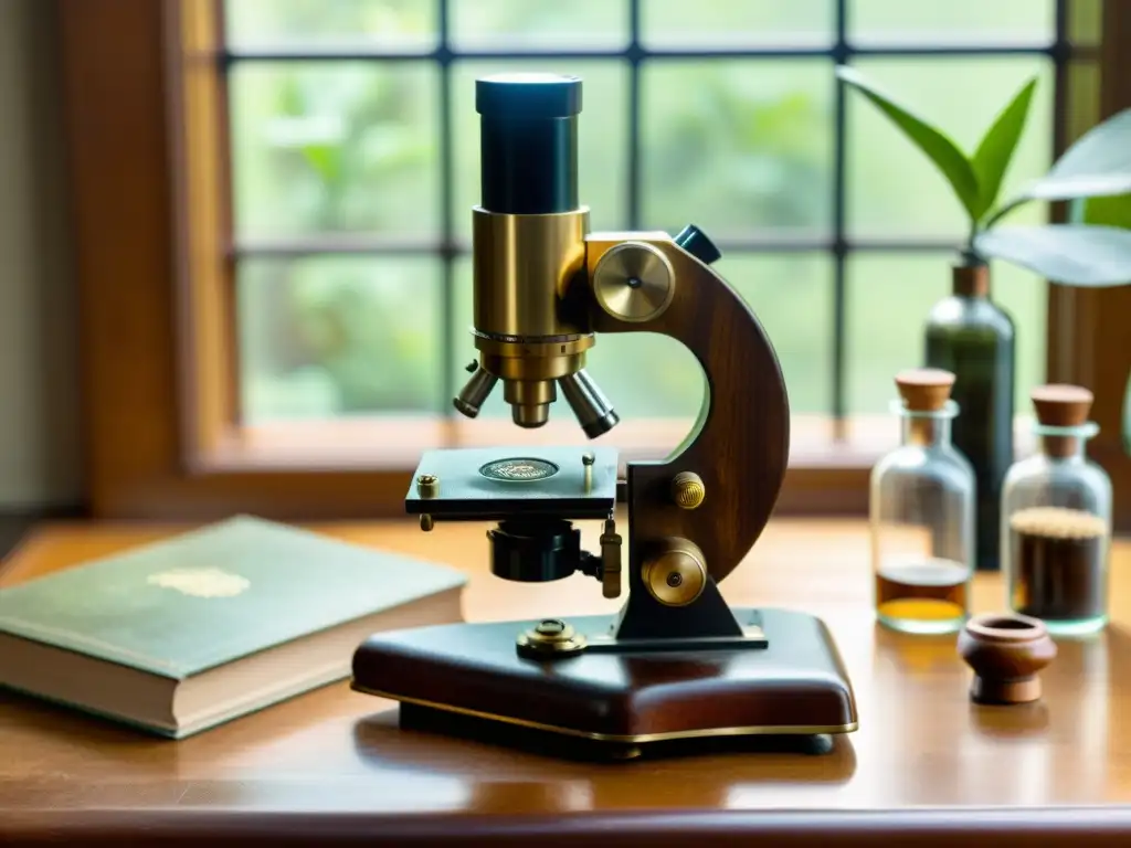 Un microscopio vintage de latón y madera sobre una mesa de cuero desgastada, iluminado por la suave luz que entra por la ventana