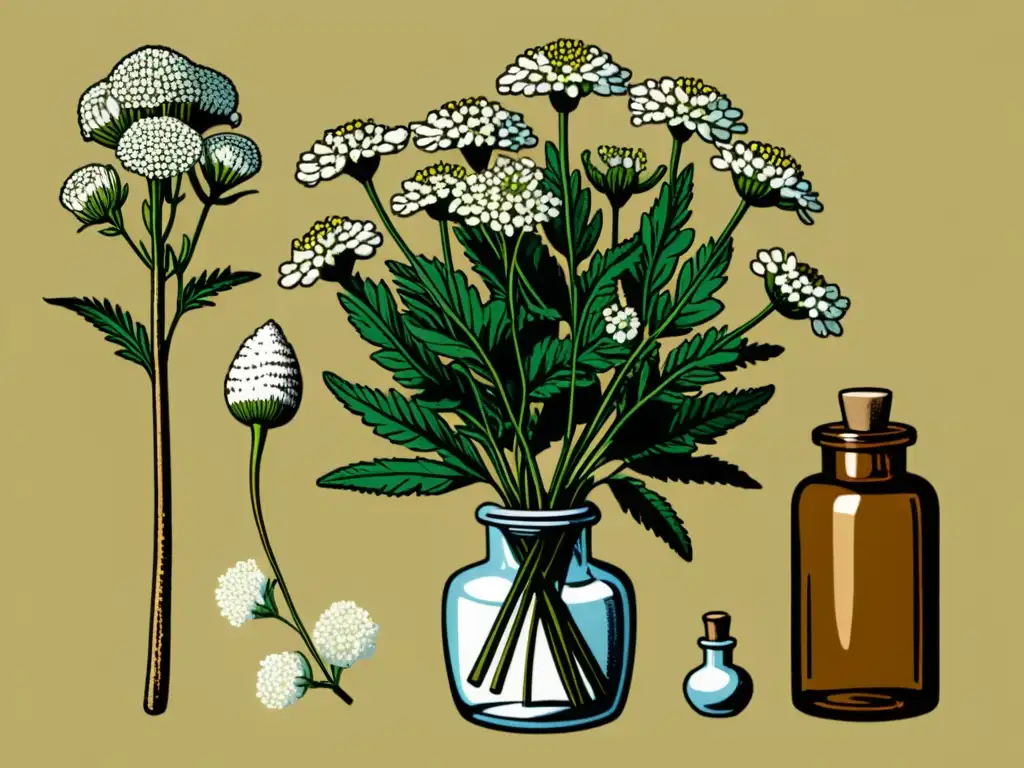 Una ilustración vintage de milenrama con detalles detallados de hojas plumosas y flores blancas en un frasco de botica