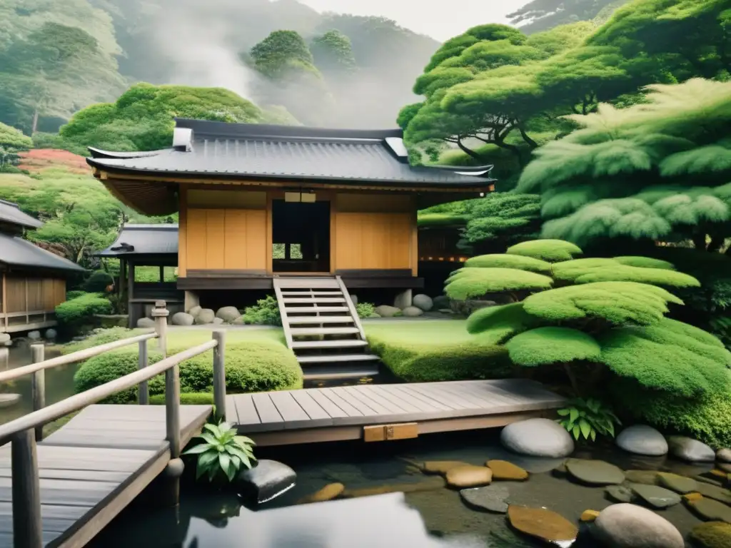 Un misterioso onsen japonés rodeado de exuberante vegetación, con un puente de madera que conduce a la entrada y vapor ascendente