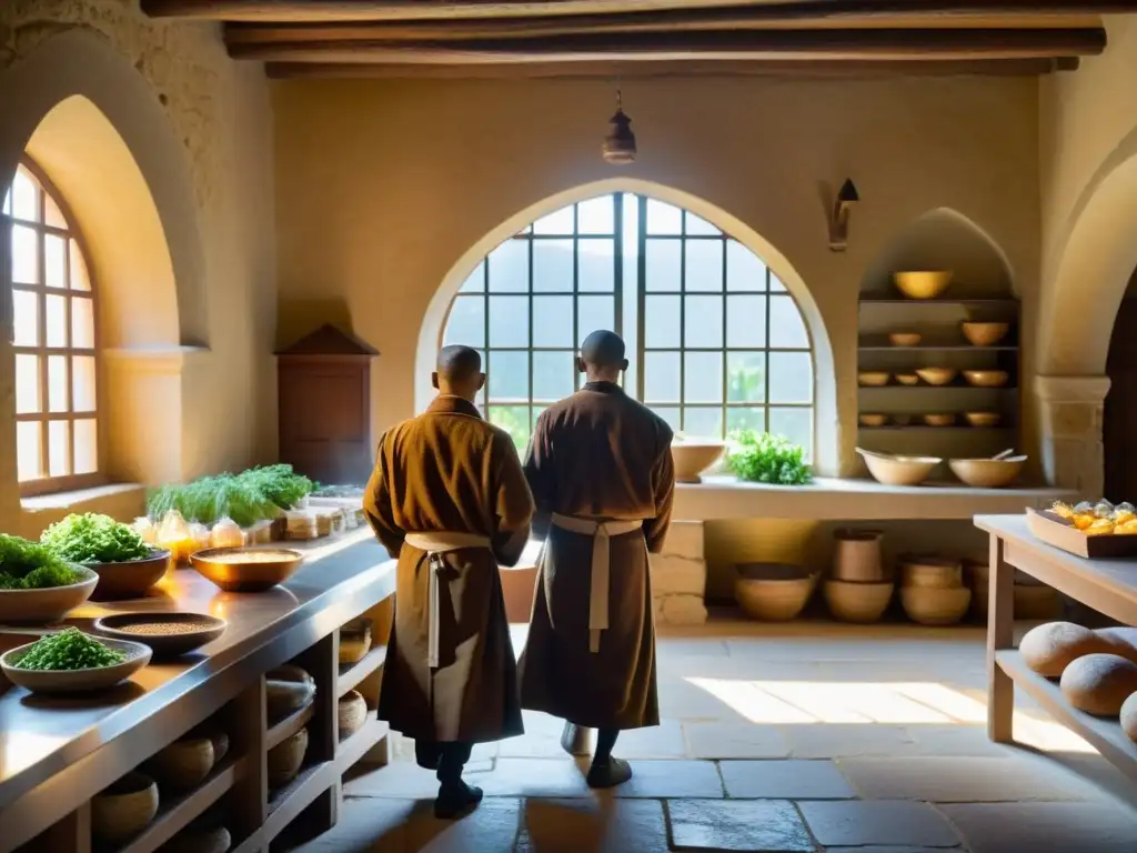 Monasterio tranquilo con hábitos alimenticios en vida espiritual: monjes preparan alimentos en cocina de piedra iluminada por luz dorada