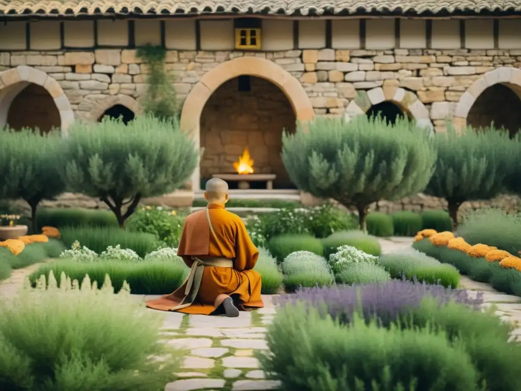 Un monje cuida un jardín de hierbas en un monasterio antiguo