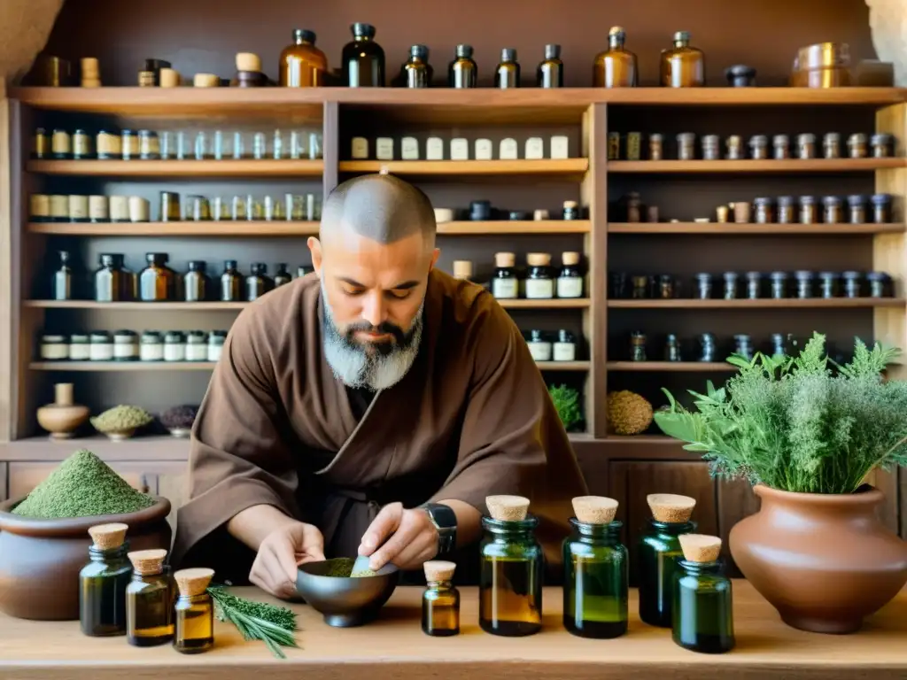 Un monje elabora una poción en una antigua farmacia con usos medicinales de aceites esenciales