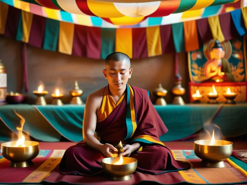 Monje tibetano realizando técnicas de curación espiritual Tíbet con instrumentos antiguos en un templo sereno y místico