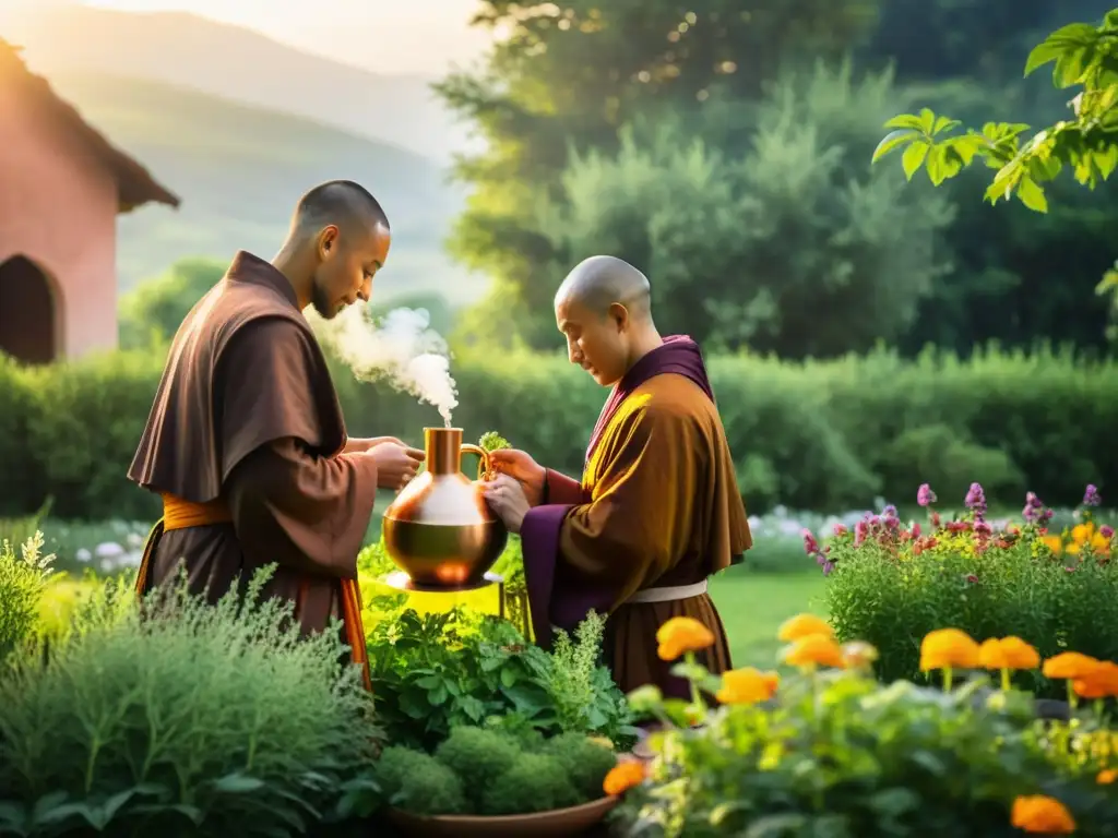 Monjes destilando aceites esenciales en un jardín de monasterio