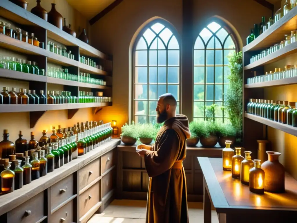 Monjes en una antigua farmacia de un monasterio, extrayendo aceites esenciales de hierbas para usos medicinales