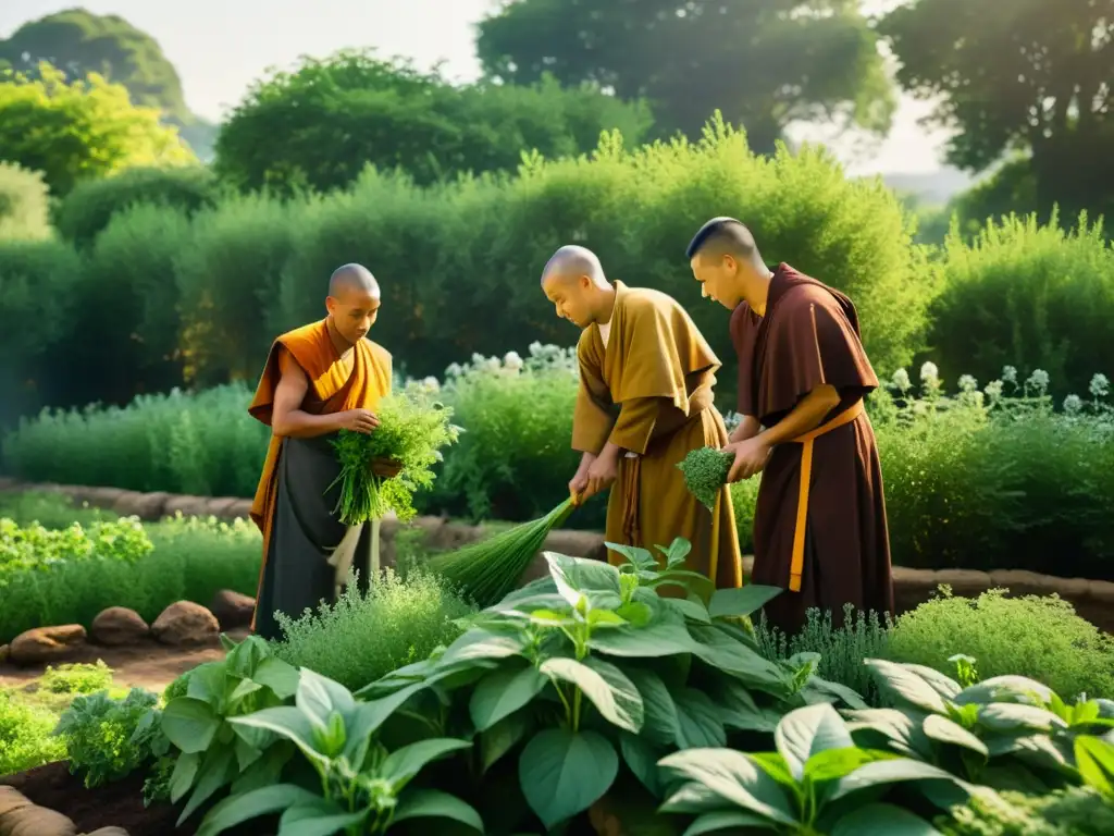 Monjes cultivando hierbas medicinales en un jardín monástico, evocando la sabiduría ancestral