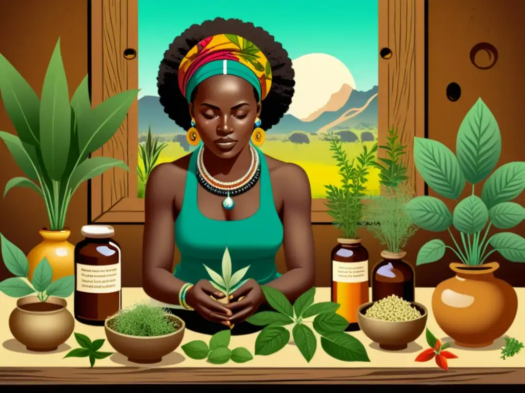 Una ilustración vintage de una mujer africana preparando remedios tradicionales con hierbas en un entorno rústico