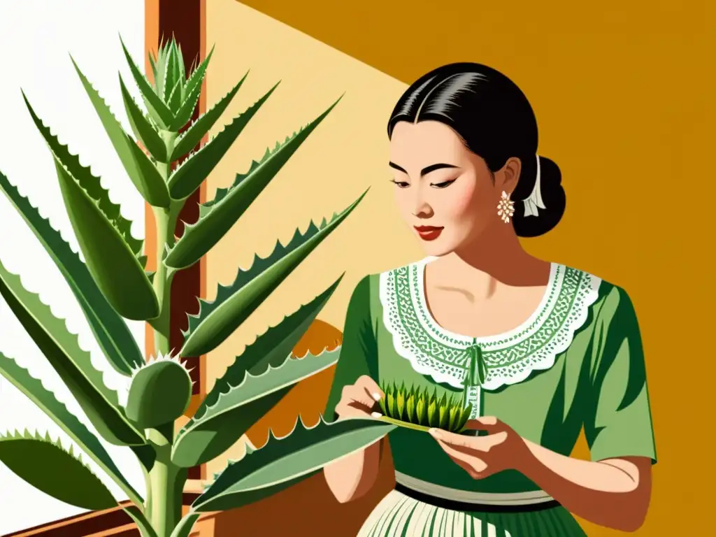 'Ilustración vintage de mujer aplicando aloe vera, evocando usos medicinales del Aloe Vera en ambiente hogareño tradicional