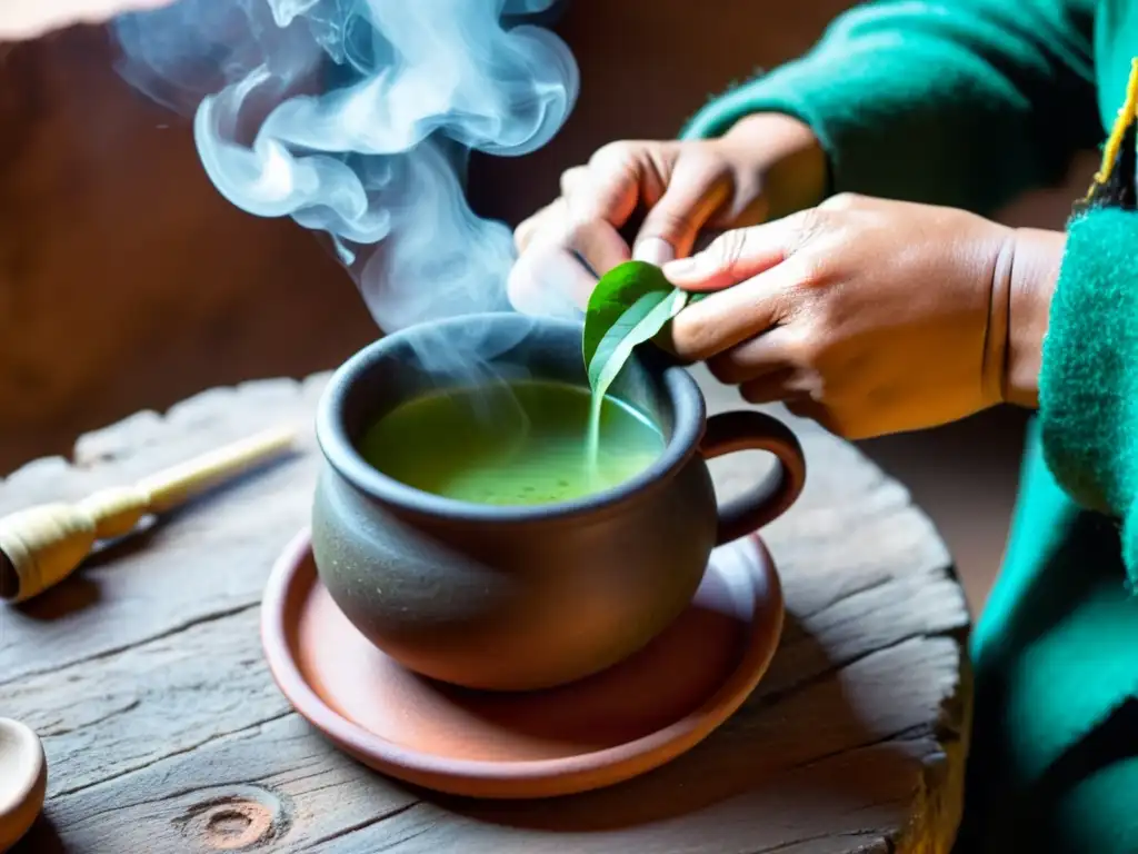 Una mujer andina preparando con cuidado una infusión de muña para enfermedades respiratorias en una taza rústica de barro