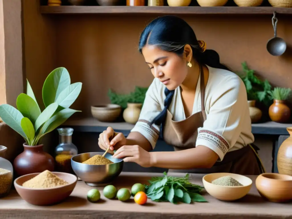 Una ilustración vintage de una mujer andina preparando remedios de raíz de maca en una cocina rústica, rodeada de hierbas e ingredientes naturales