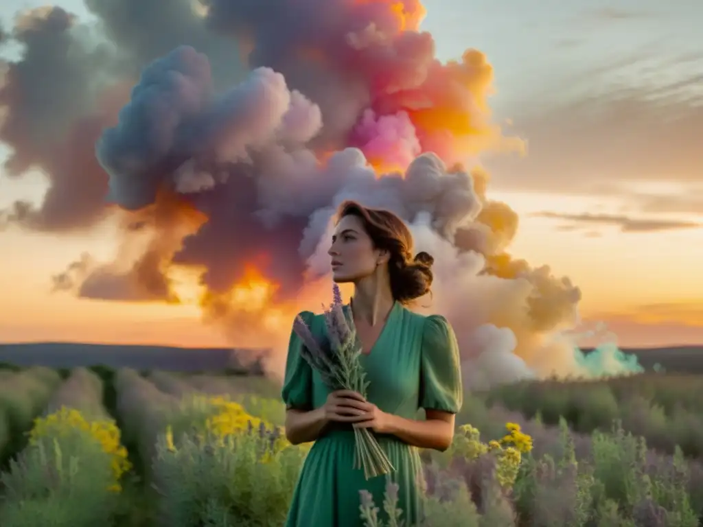 Una mujer contemplativa en un campo al amanecer, rodeada de humo de colores