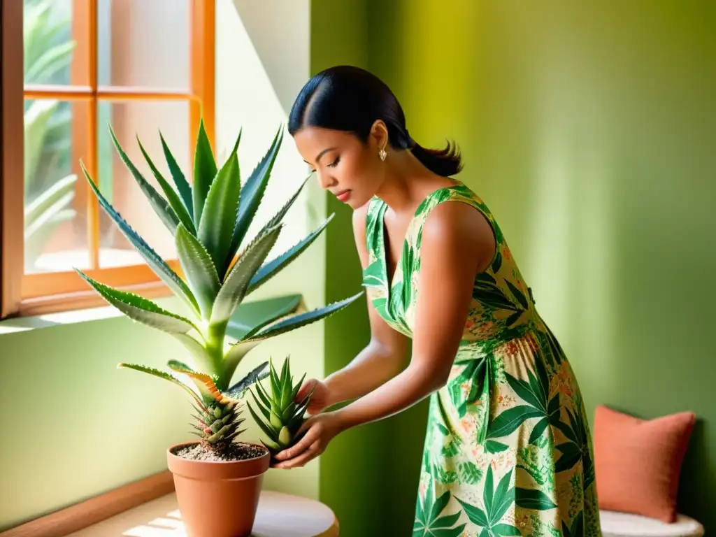 Una mujer cuidadosa atiende a una exuberante planta de sábila en un ambiente soleado