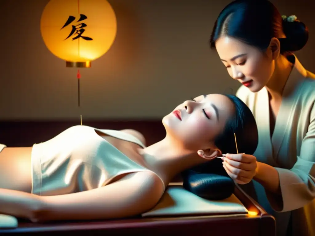 Una mujer elegante recibe acupuntura facial en una clínica de medicina china, fusionando sabiduría antigua con belleza moderna