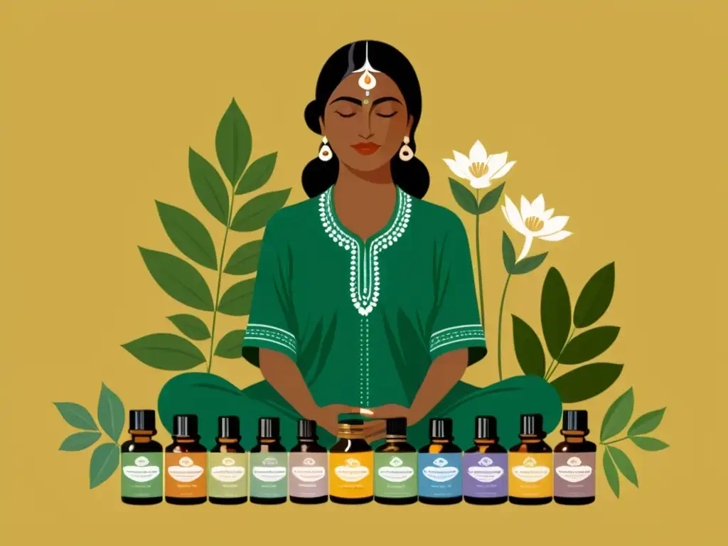 Una mujer india en postura meditativa rodeada de aceites esenciales, transmitiendo serenidad y beneficios para yoga y meditación