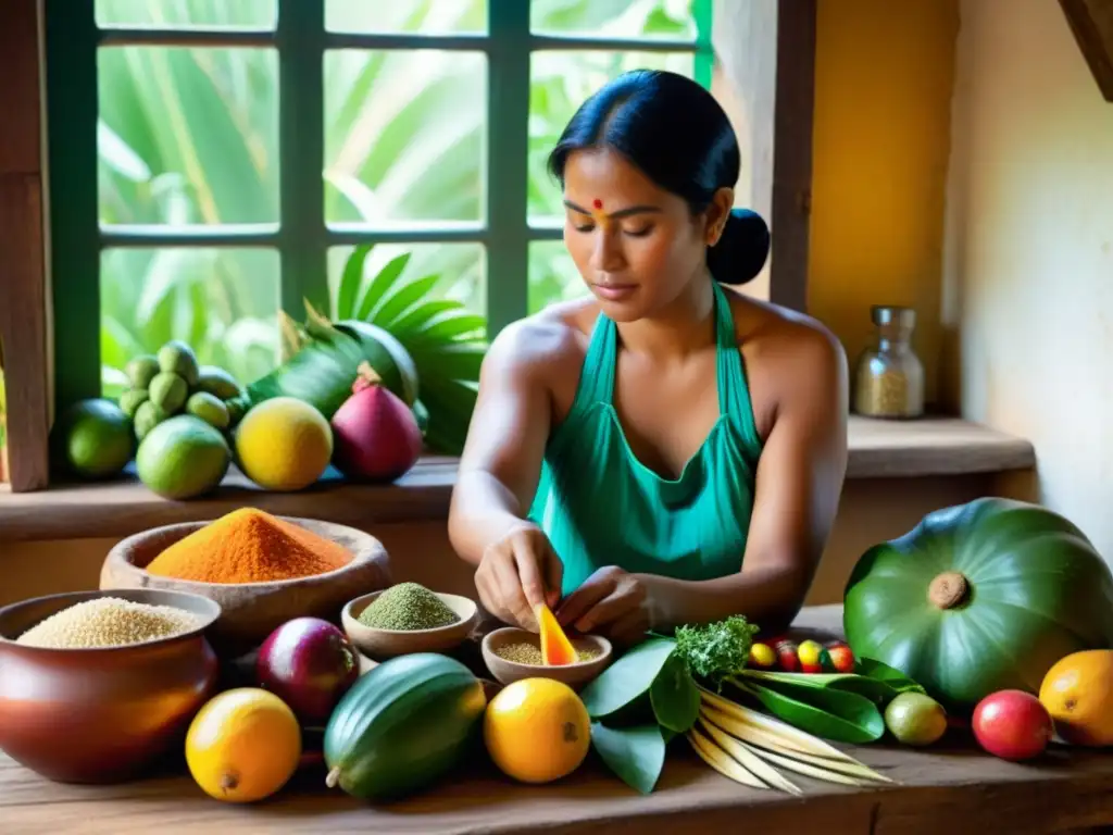 Una mujer indígena del Amazonas prepara alimentos curativos en una cocina rústica, rodeada de frutas, verduras y hierbas exóticas