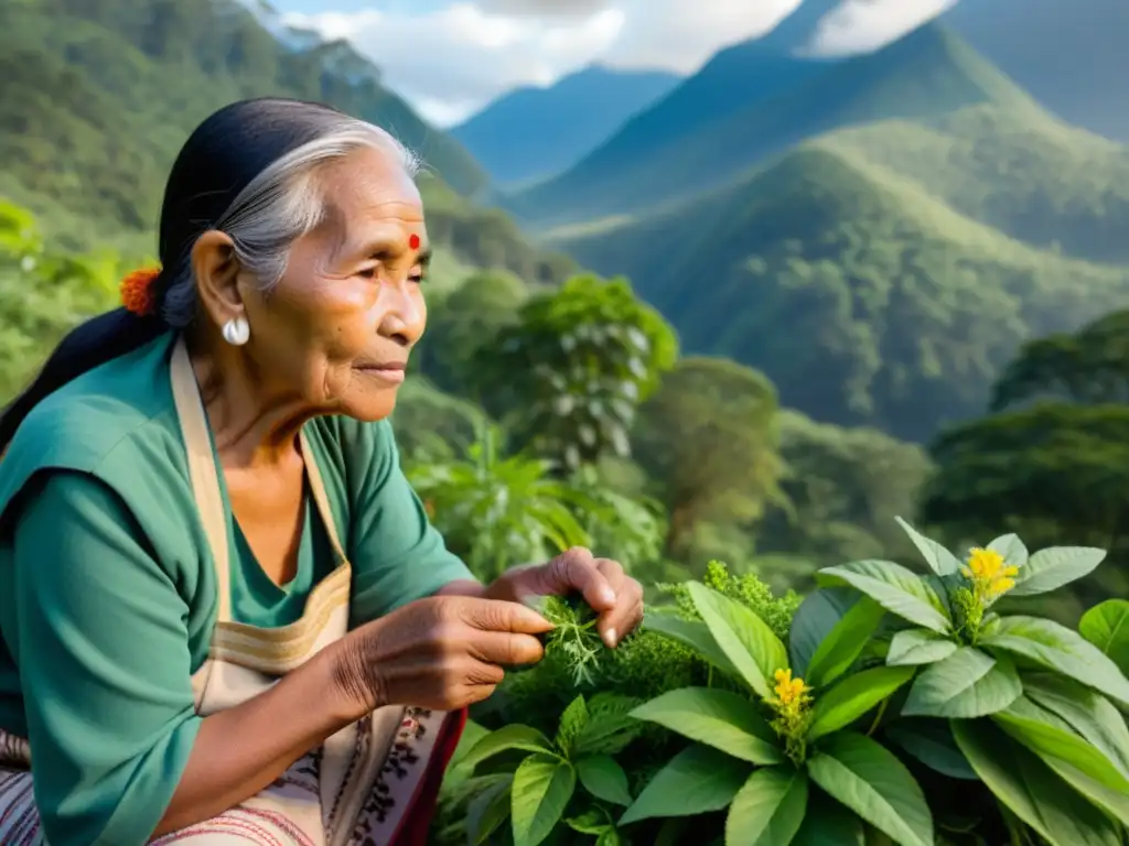 Una mujer indígena selecciona hierbas en la selva, destacando la conexión entre medicina tradicional como alternativa sostenible