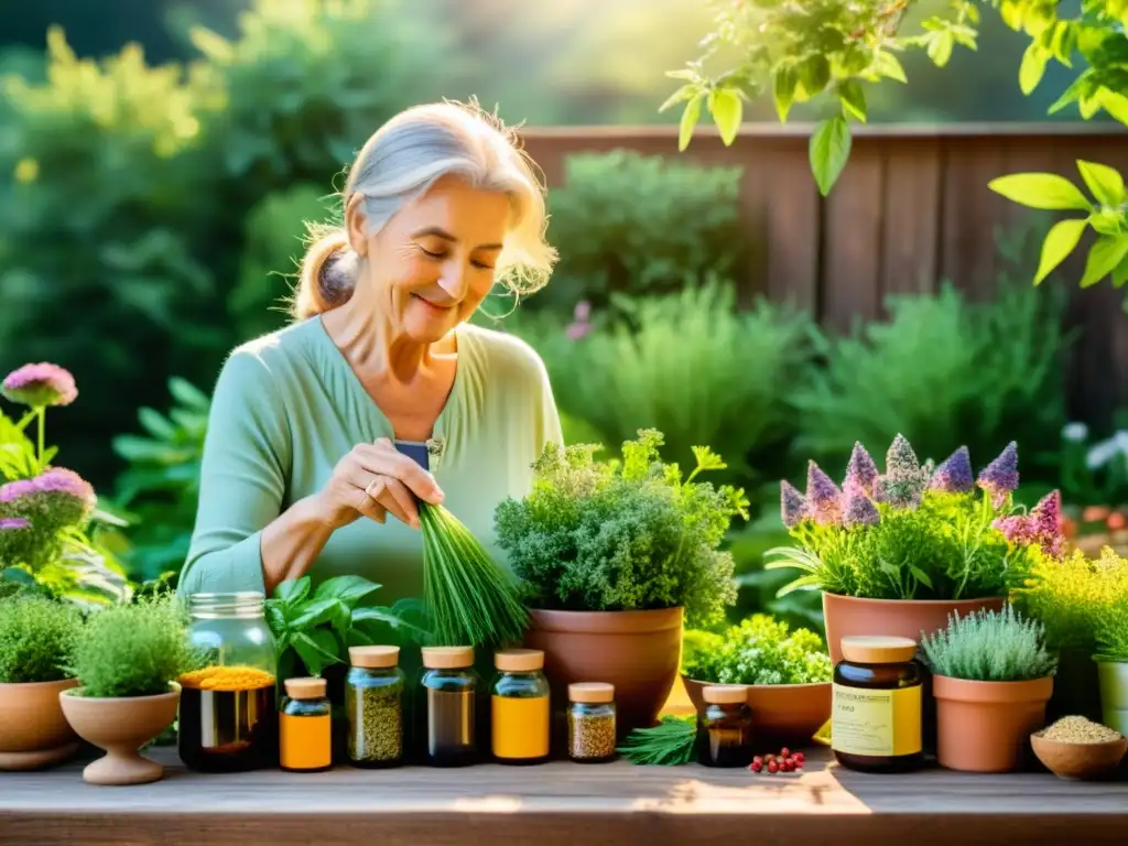 Una mujer mayor cuida de un jardín de hierbas con suplementos herbales para calidad de vida en la vejez, irradiando serenidad y bienestar natural