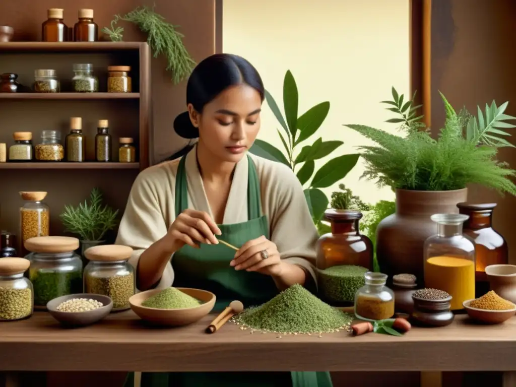 Una ilustración vintage de una mujer de la medicina tradicional preparando cosméticos naturales con hierbas y plantas, rodeada de antiguos frascos de botica e ingredientes botánicos