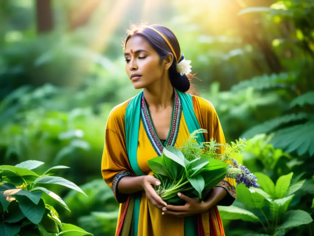 Una mujer de la medicina tradicional recolecta plantas medicinales y ensaladas en un exuberante bosque, conectada con la naturaleza ancestral