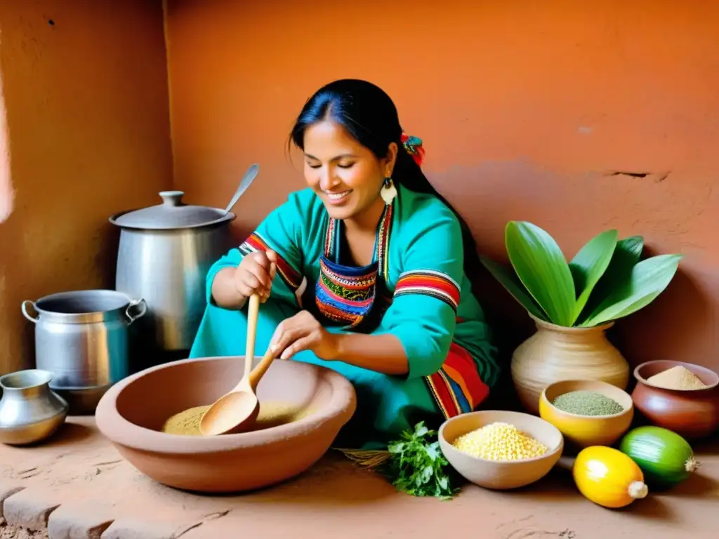 Una mujer peruana prepara chicha de jora en una cocina rústica, rodeada de ingredientes