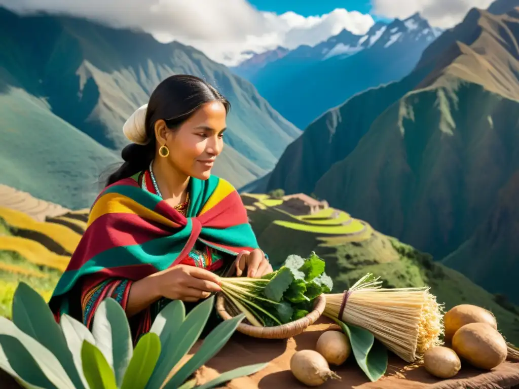 Una mujer peruana cosecha la maca andina en un paisaje montañoso exuberante