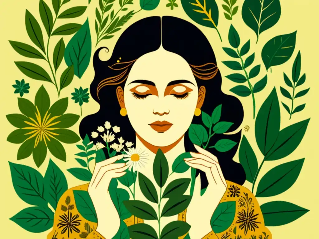 Una ilustración vintage de una mujer rodeada de hierbas medicinales, comunicándose con las plantas con reverencia y conexión con la naturaleza