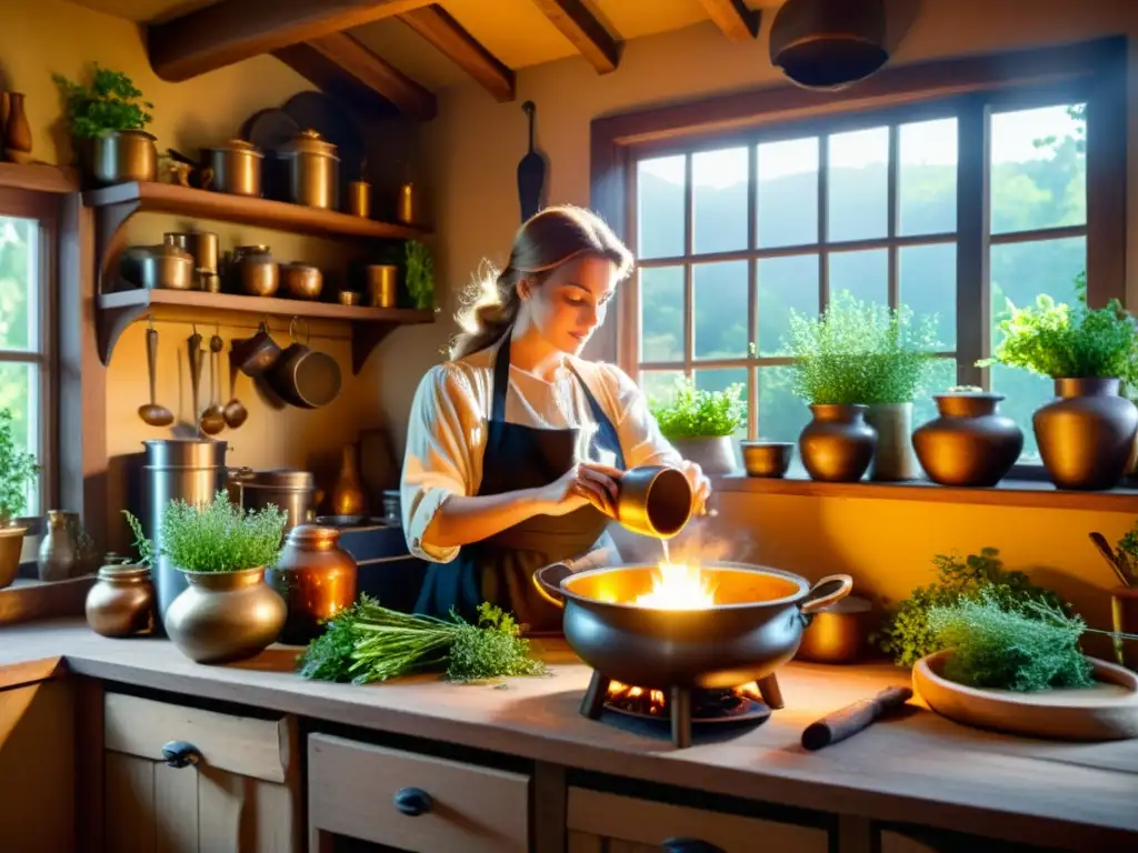 Una mujer sabia elabora una poción en una cocina rústica, rodeada de hierbas y ingredientes