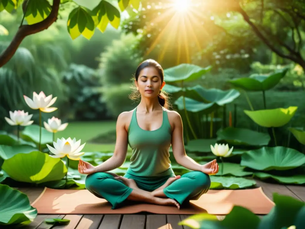 Una mujer serena practica yoga en un exuberante jardín, rodeada de flores de loto y hierbas curativas