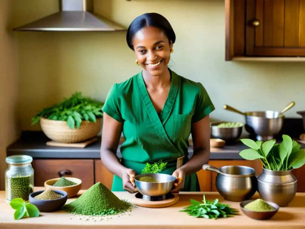 Una mujer sonriente muele hojas de moringa en una cocina tradicional, rodeada de hierbas frescas y utensilios de cocina