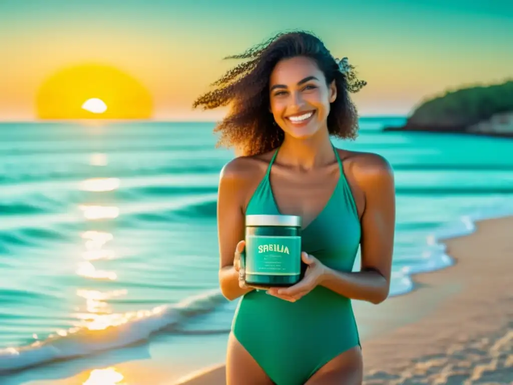 Una mujer sonriente en traje de baño retro sostiene espirulina, frente al mar turquesa al atardecer