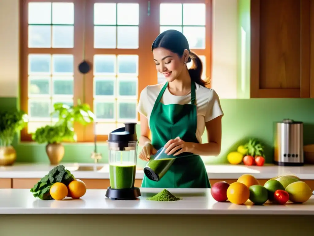 Una mujer añade polvo de chlorella verde en una licuadora en una cocina vintage, creando un batido