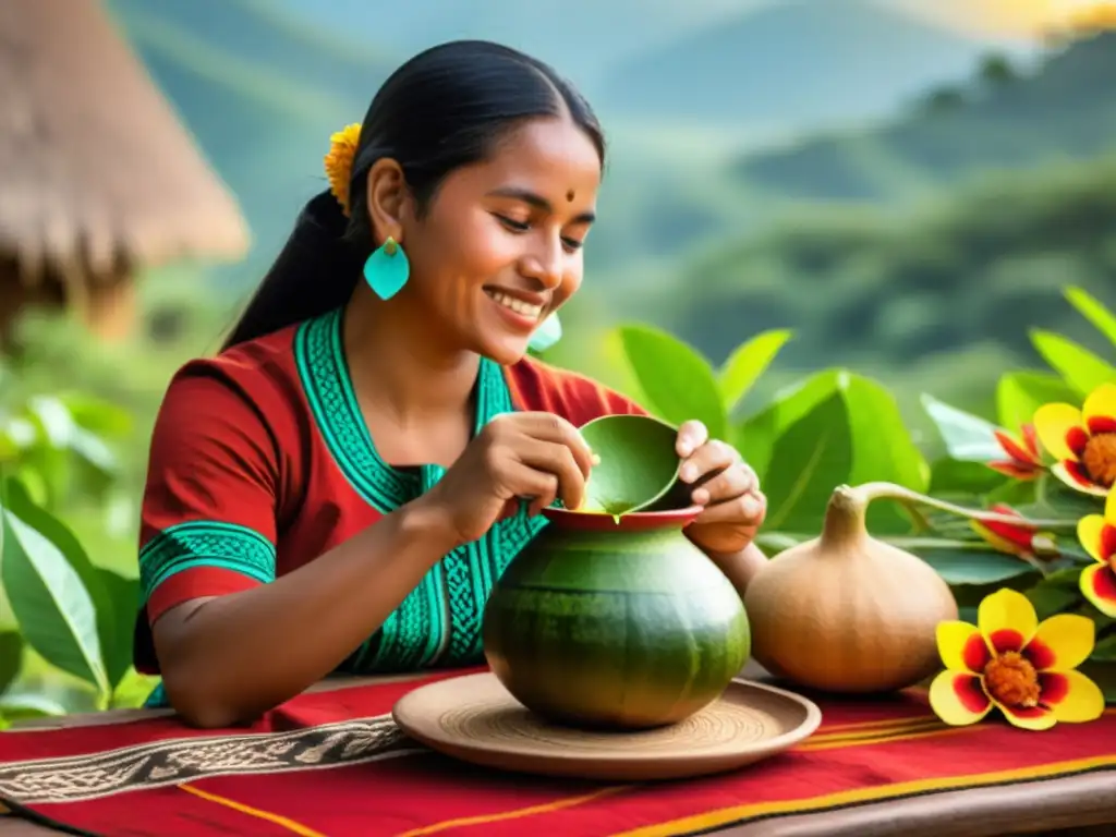 Una mujer guaraní vierte yerba mate en una taza, rodeada de exuberante vegetación y flores rojas