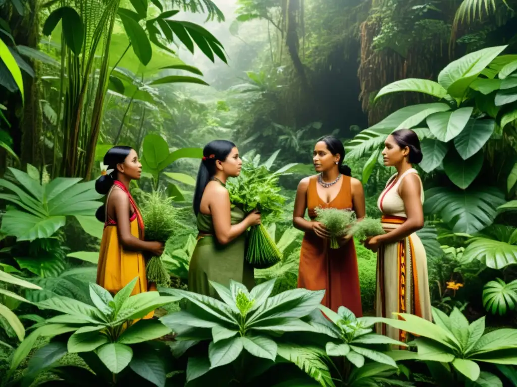 Mujeres indígenas recolectando hierbas medicinales en la exuberante selva: la importancia del papel de la mujer en la medicina tradicional