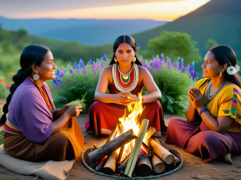 Mujeres indígenas comparten sabiduría y medicina tradicional alrededor del fuego, destacando el papel crucial de la mujer en estas ancestrales prácticas