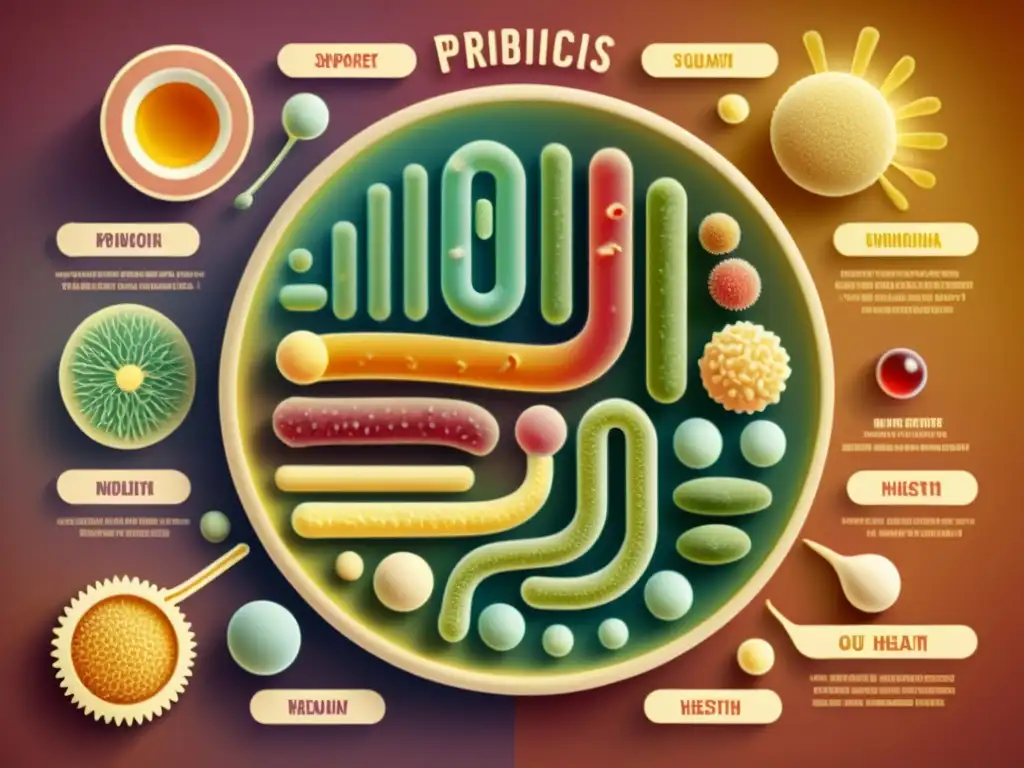 Un mundo microscópico de probióticos coloridos interactuando con el sistema digestivo humano en una ilustración vintage detallada