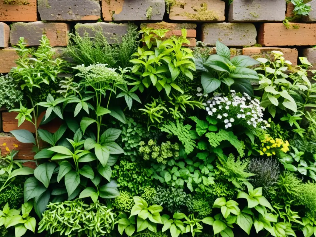 Un muro de ladrillo envejecido cubierto de hierbas y plantas florecientes