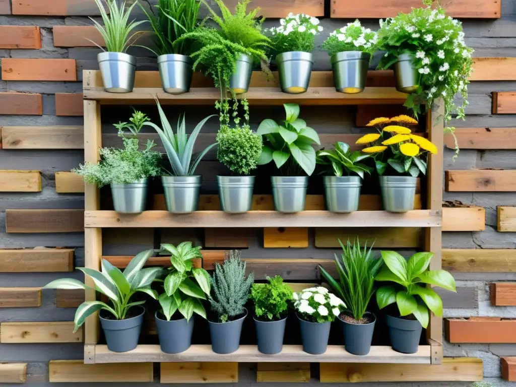 Un muro vivo exuberante con hierbas y flores en estructuras de madera, metal y macetas colgantes