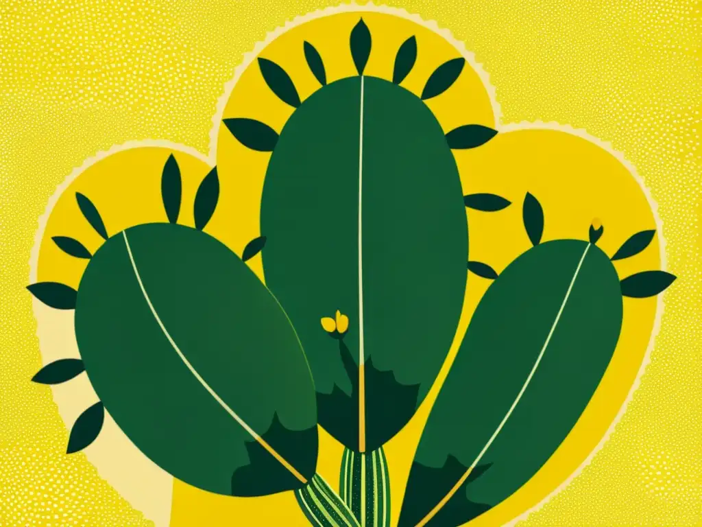 Ilustración vintage de un nopal mesoamericano con sus distintivas almohadillas planas y flores amarillas