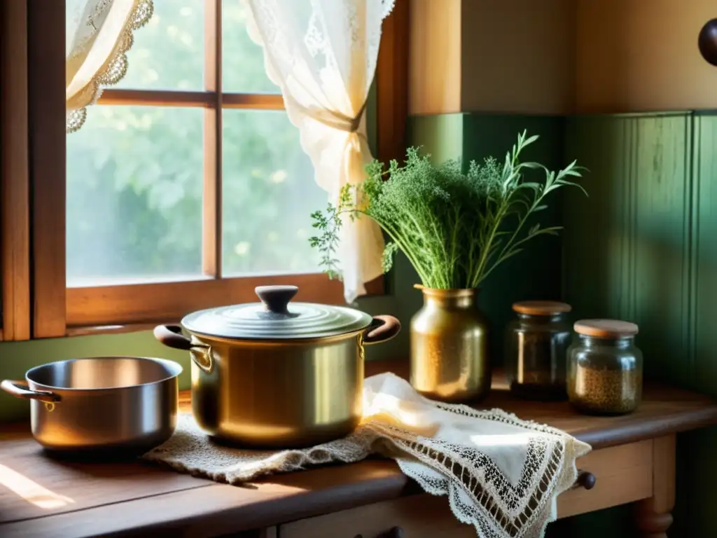 Una nostálgica cocina rústica llena de utensilios tradicionales, hierbas, especias y una olla en la estufa