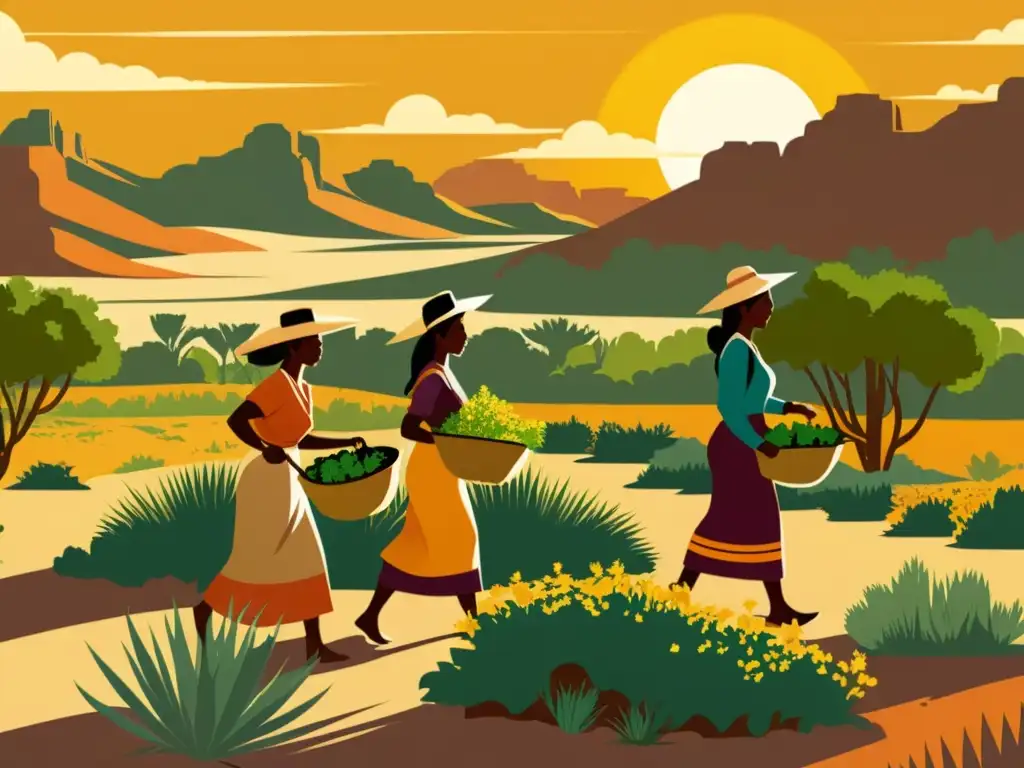 Un oasis en el desierto con hierbas medicinales, nativos cosechando en un atardecer dorado
