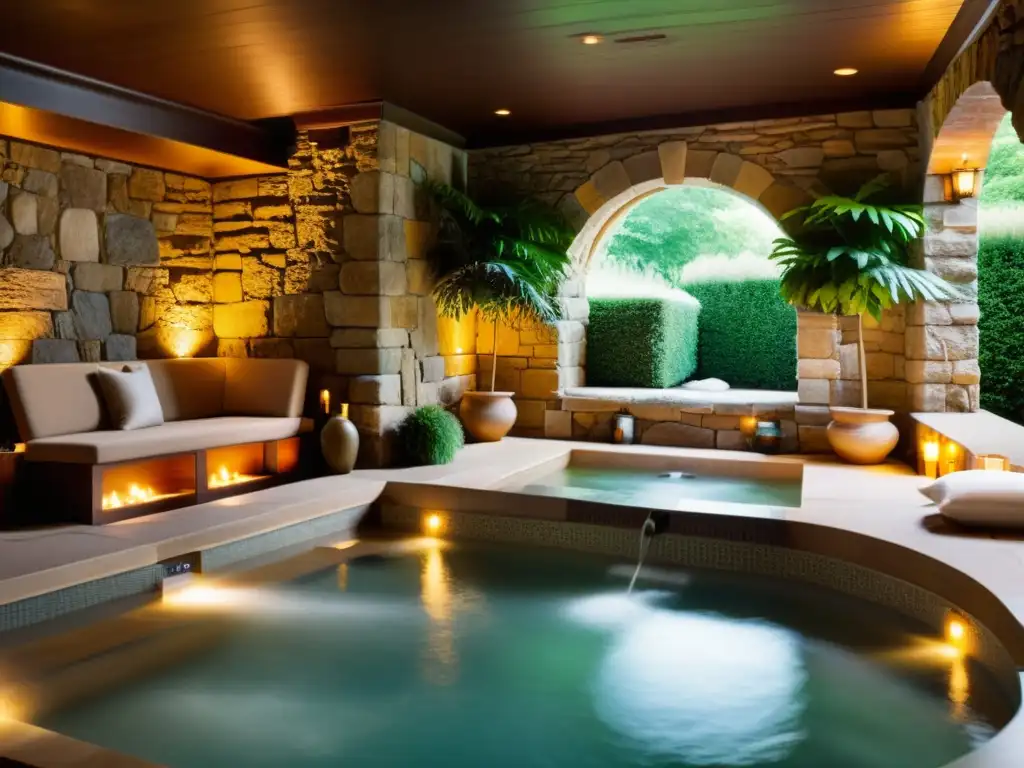 Un oasis de relajación en un spa vintage, con iluminación suave, vegetación exuberante y una bañera de hidromasaje tranquila