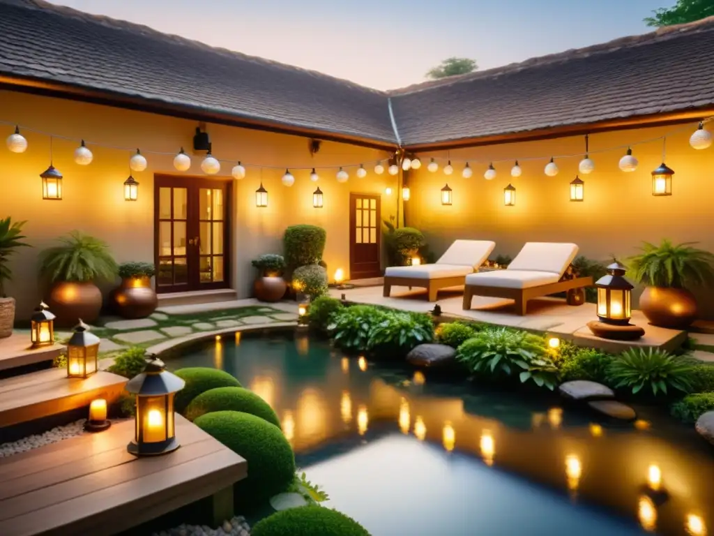 Retiro espiritual en spa: meditación al atardecer Un oasis de serenidad en un patio de spa, rodeado de vegetación exuberante y luces de hadas
