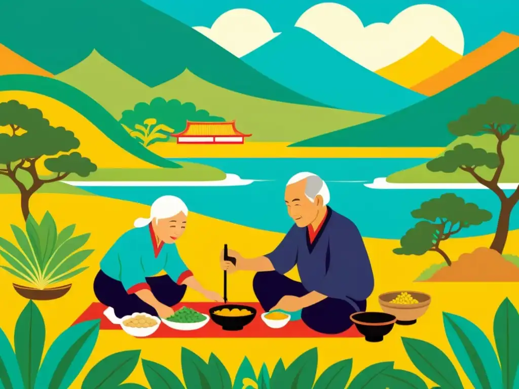 Ilustración vintage de Okinawa: ancianos practican tai chi, agricultura y cocina tradicional