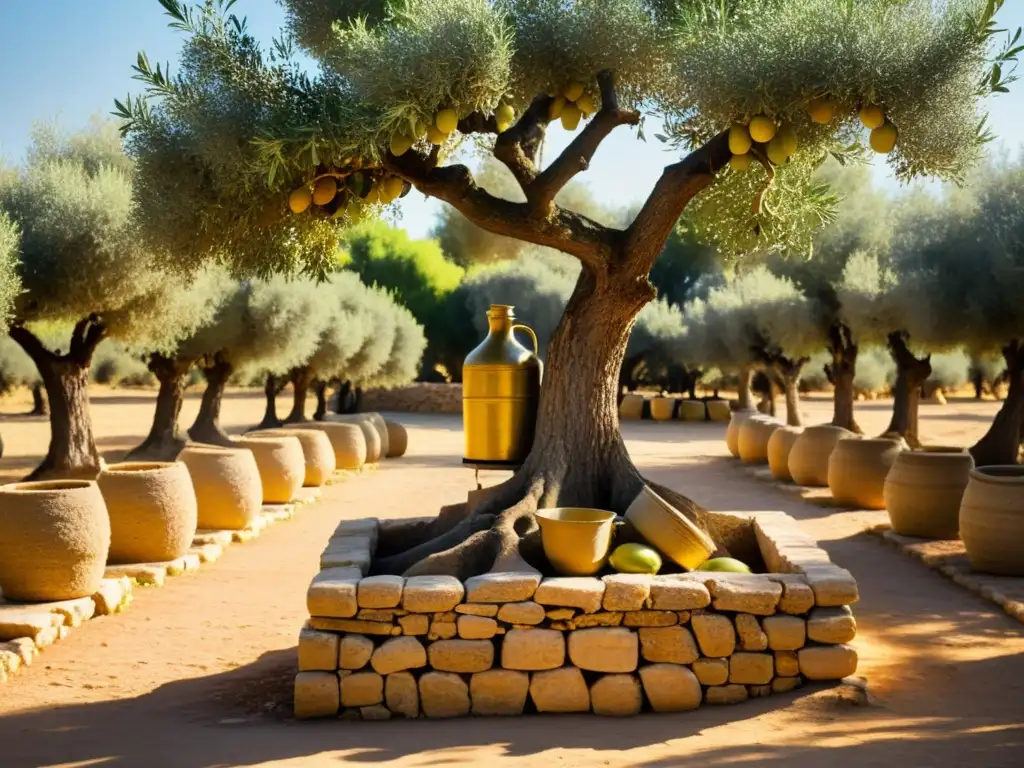 En un olivar bañado por la cálida luz dorada, una prensa de aceite de oliva antigua de piedra, rodeada de olivos retorcidos cargados de fruta madura