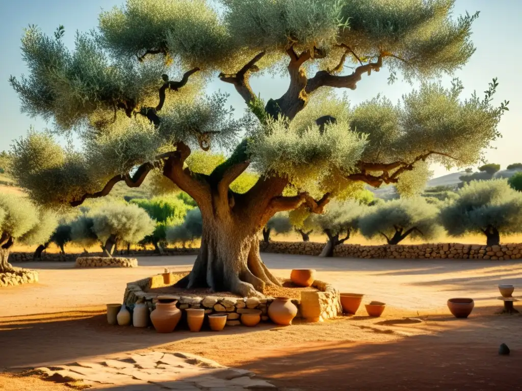 Un olivar rústico y sereno bañado por la luz dorada del sol, con árboles centenarios cargados de aceitunas maduras