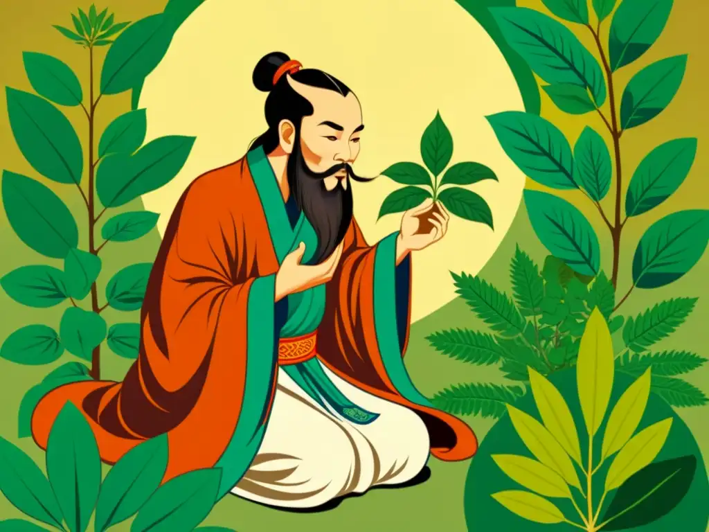 Shennong, padre de la medicina tradicional china, rodeado de hierbas, emana sabiduría y conocimiento