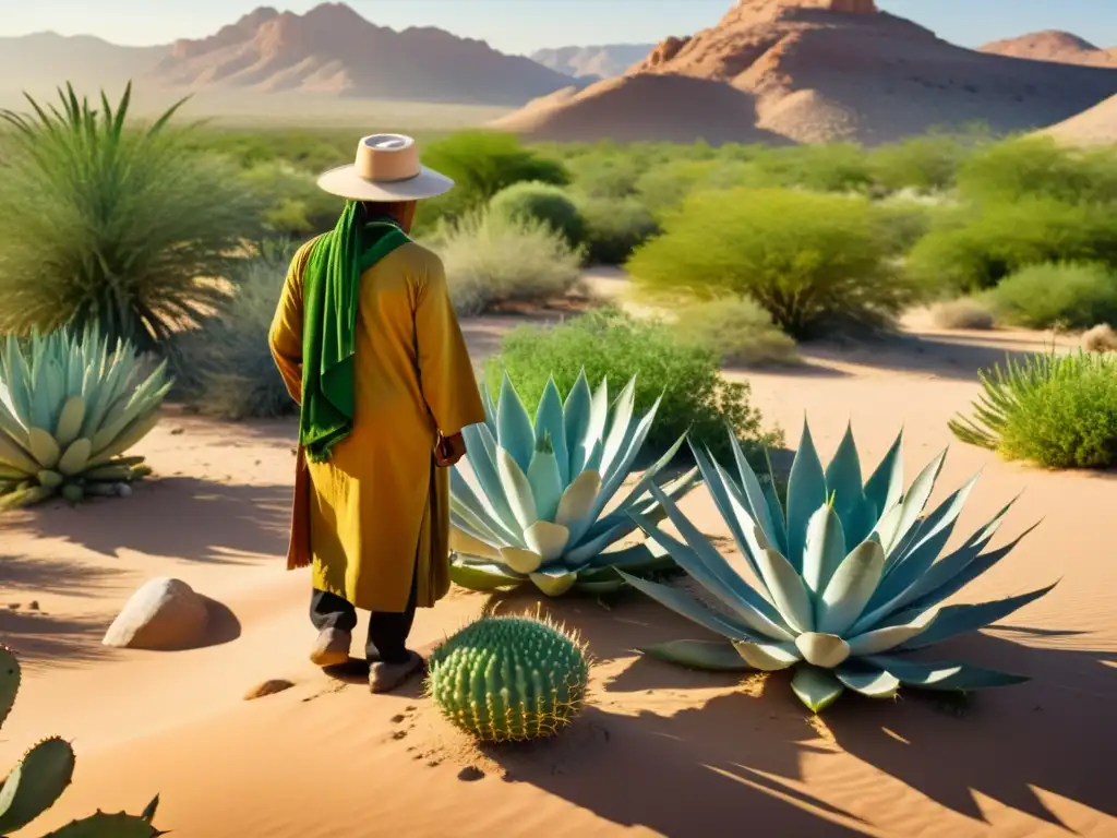 Un paisaje árido en el desierto con hierbas medicinales como aloe vera, salvia y nopal