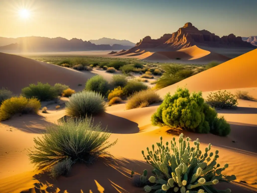 Un paisaje árido con hierbas medicinales vibrantes iluminadas por el sol, transmitiendo serenidad y belleza natural